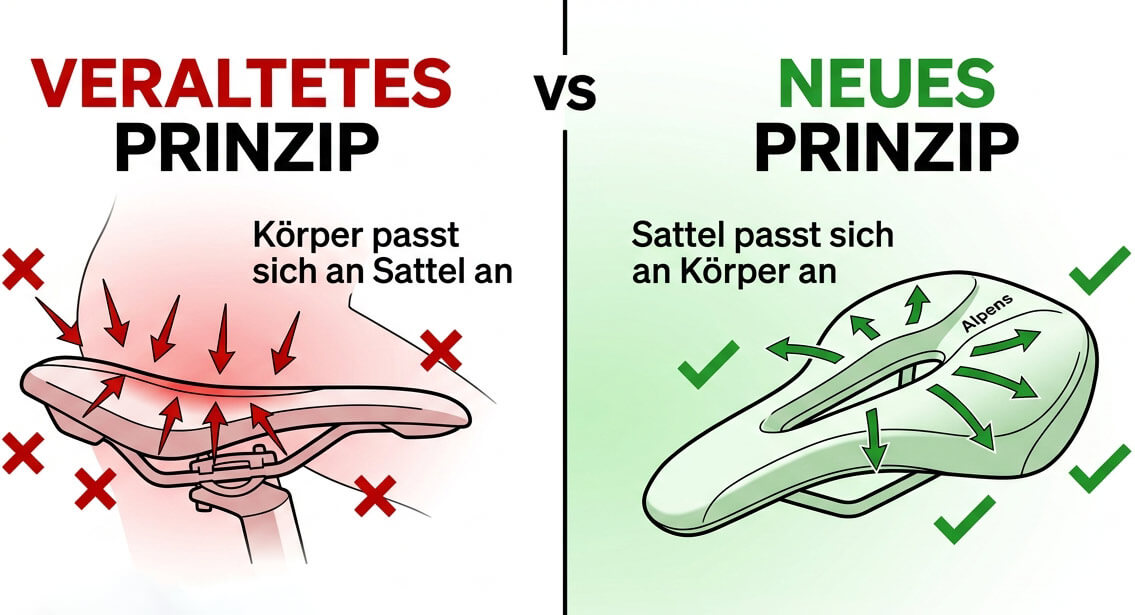 Diagramm: Druckverteilung bei herkömmlichem Sattel vs. Prostata-Sattel